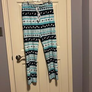 New Women’s Polar Fleece Pyjama Pants Medium Blue Aqua Winter Deer Trees Snow